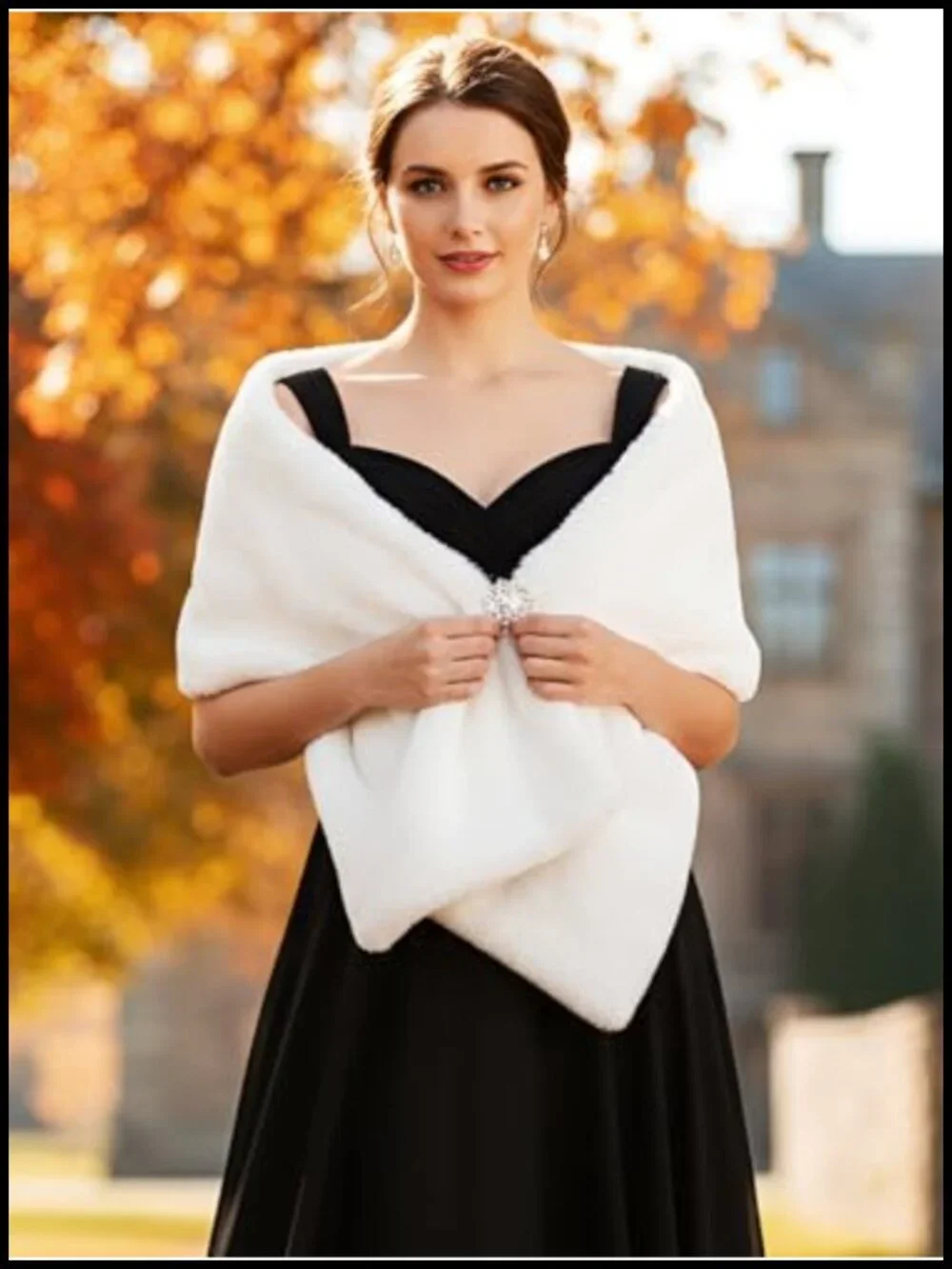 Faux Fur Wedding Shawl Wrap with Brooch Bridal Scarf Stole
